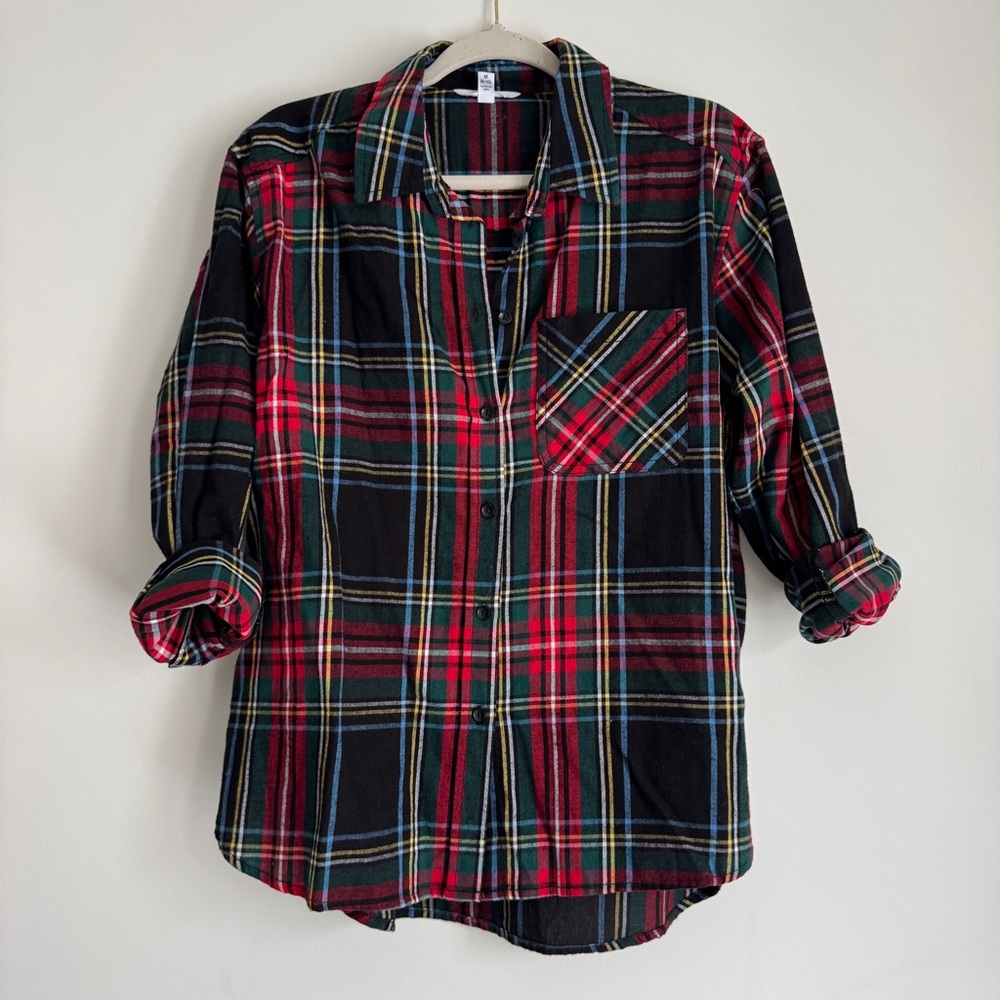 Time and Tru Red, Black & Green Plaid Button-Down Shirt